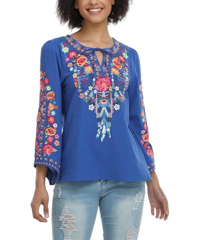 Women's Mexican Long Sleeve Blouse Embroidered Traditional V Neck Top Boho Tunic 76bl-l $20.21 Tops