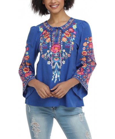 Women's Mexican Long Sleeve Blouse Embroidered Traditional V Neck Top Boho Tunic 76bl-l $20.21 Tops