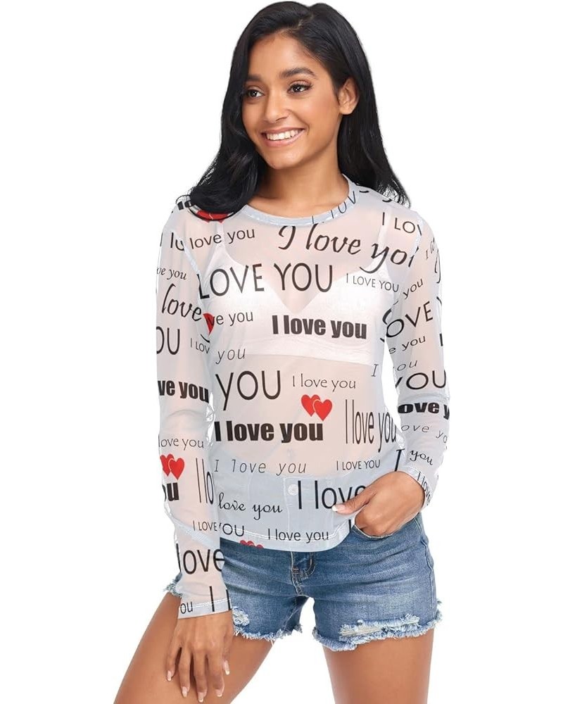 Mesh Long Sleeve Top for Women, Valentine's Day Gnome with Heart Balloon Dot Sheer Mesh T Shirt C084 $9.89 Blouses