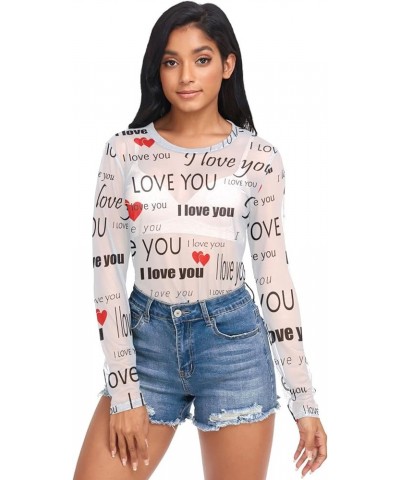 Mesh Long Sleeve Top for Women, Valentine's Day Gnome with Heart Balloon Dot Sheer Mesh T Shirt C084 $9.89 Blouses