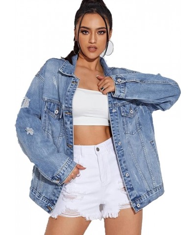 Women Casual Oversize Denim Jackets Mid Long Vintage Ripped Jean Coats S119blue $18.45 Jackets