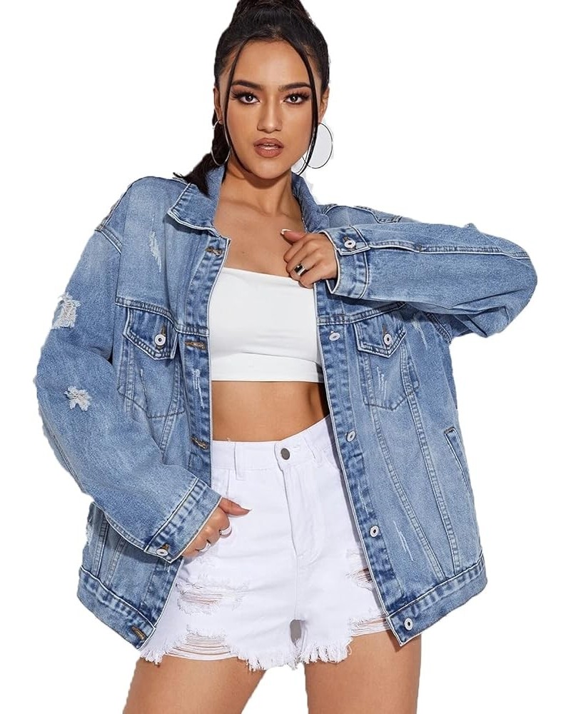 Women Casual Oversize Denim Jackets Mid Long Vintage Ripped Jean Coats S119blue $18.45 Jackets