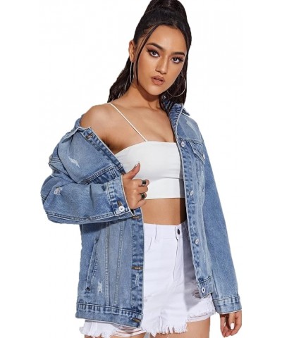 Women Casual Oversize Denim Jackets Mid Long Vintage Ripped Jean Coats S119blue $18.45 Jackets