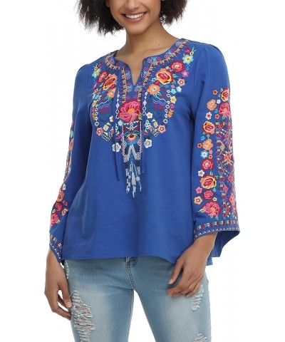 Women's Mexican Long Sleeve Blouse Embroidered Traditional V Neck Top Boho Tunic 76bl-l $20.21 Tops