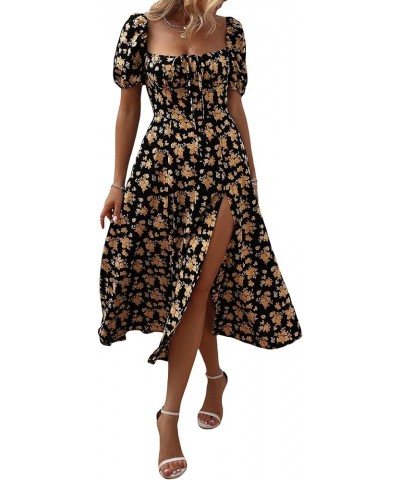 Women's Puff Sleeve Floral Maxi Dress Elegant Square Neck Cottagecore Boho Split Long Dresses Vintage A-line Dress B-004 $17....