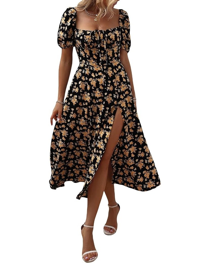 Women's Puff Sleeve Floral Maxi Dress Elegant Square Neck Cottagecore Boho Split Long Dresses Vintage A-line Dress B-004 $17....