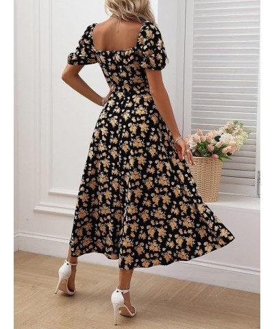 Women's Puff Sleeve Floral Maxi Dress Elegant Square Neck Cottagecore Boho Split Long Dresses Vintage A-line Dress B-004 $17....