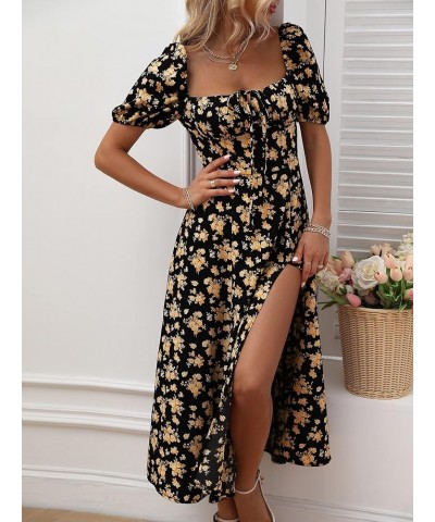 Women's Puff Sleeve Floral Maxi Dress Elegant Square Neck Cottagecore Boho Split Long Dresses Vintage A-line Dress B-004 $17....