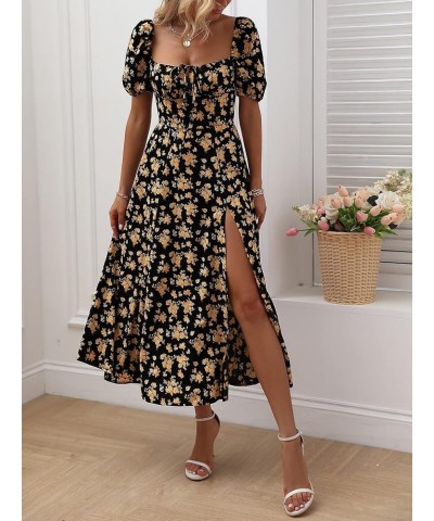 Women's Puff Sleeve Floral Maxi Dress Elegant Square Neck Cottagecore Boho Split Long Dresses Vintage A-line Dress B-004 $17....