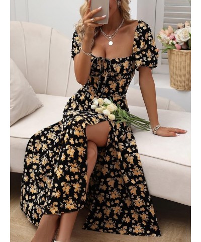 Women's Puff Sleeve Floral Maxi Dress Elegant Square Neck Cottagecore Boho Split Long Dresses Vintage A-line Dress B-004 $17....