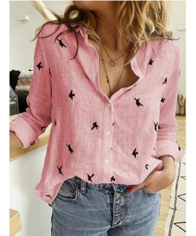 Women's Casual V Neck Cotton Linen Shirt Button Down Roll Up Long Sleeve Lapel Blouse Tops 4-bird Pink $9.89 Blouses