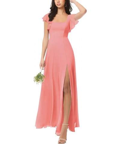 Chiffon Bridesmaid Dresses Ruched A-Line Wedding Party Summer Evening Dresses Floor-Length with Slit Coral $26.80 Dresses