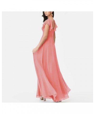 Chiffon Bridesmaid Dresses Ruched A-Line Wedding Party Summer Evening Dresses Floor-Length with Slit Coral $26.80 Dresses