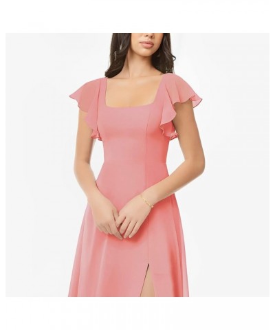 Chiffon Bridesmaid Dresses Ruched A-Line Wedding Party Summer Evening Dresses Floor-Length with Slit Coral $26.80 Dresses