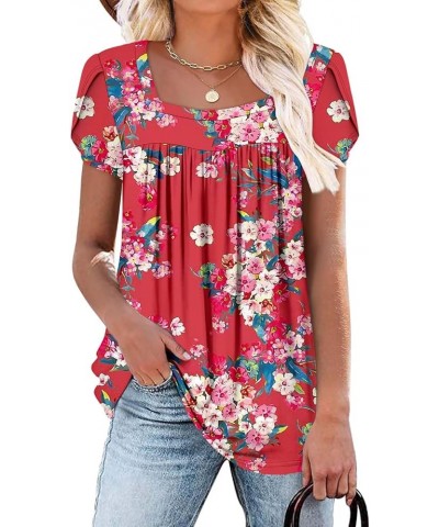 Womens Petal Short Sleeve Tunic Tops Summer Square Neck Shirts Loose Comfy Blouses 2-rose $15.04 Tops