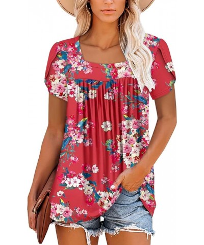 Womens Petal Short Sleeve Tunic Tops Summer Square Neck Shirts Loose Comfy Blouses 2-rose $15.04 Tops