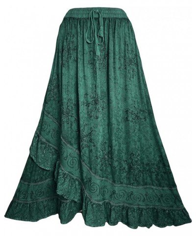 Women's Bohemian Western High Waist Boho Vintage Drawstring Embroidered Flared Ruffle Long Maxi Skirt H Green $29.38 Skirts