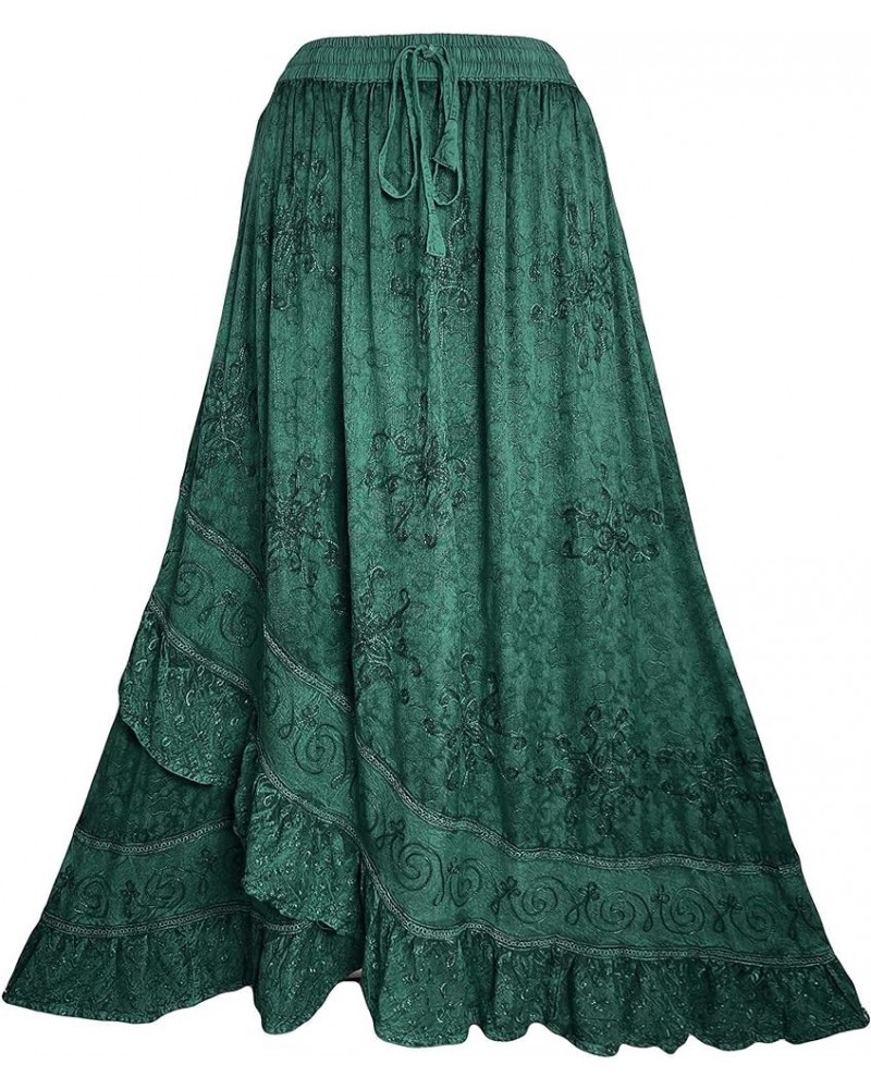 Women's Bohemian Western High Waist Boho Vintage Drawstring Embroidered Flared Ruffle Long Maxi Skirt H Green $29.38 Skirts