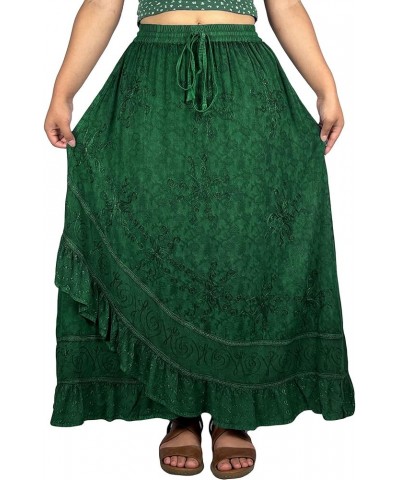 Women's Bohemian Western High Waist Boho Vintage Drawstring Embroidered Flared Ruffle Long Maxi Skirt H Green $29.38 Skirts