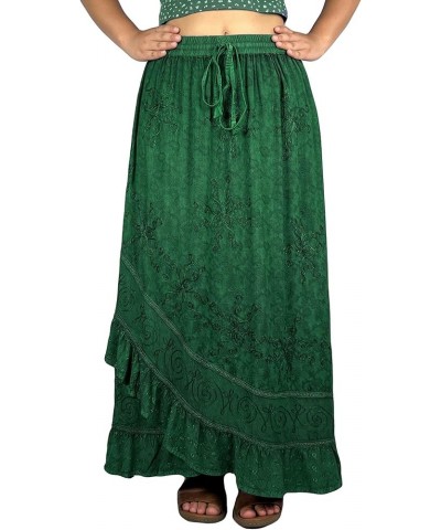 Women's Bohemian Western High Waist Boho Vintage Drawstring Embroidered Flared Ruffle Long Maxi Skirt H Green $29.38 Skirts