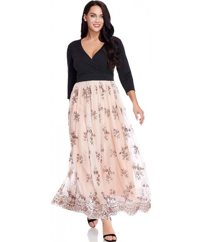 Women's Plus Size Sequin 3/4 Sleeves Evening Gown Party Long Maxi Dress Beige Pink $28.29 Dresses