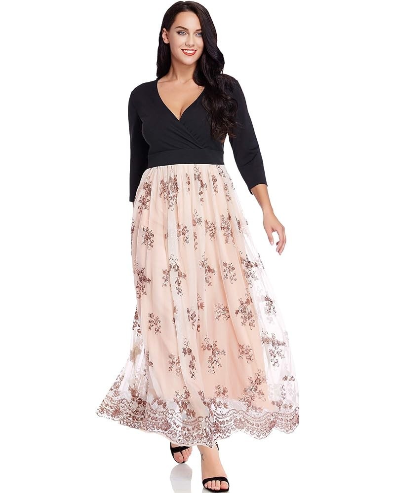 Women's Plus Size Sequin 3/4 Sleeves Evening Gown Party Long Maxi Dress Beige Pink $28.29 Dresses