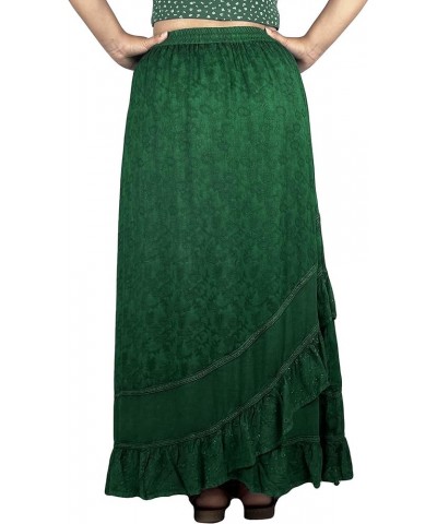 Women's Bohemian Western High Waist Boho Vintage Drawstring Embroidered Flared Ruffle Long Maxi Skirt H Green $29.38 Skirts