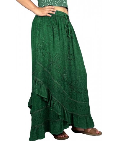 Women's Bohemian Western High Waist Boho Vintage Drawstring Embroidered Flared Ruffle Long Maxi Skirt H Green $29.38 Skirts