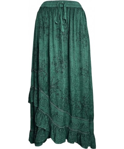 Women's Bohemian Western High Waist Boho Vintage Drawstring Embroidered Flared Ruffle Long Maxi Skirt H Green $29.38 Skirts