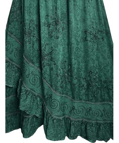 Women's Bohemian Western High Waist Boho Vintage Drawstring Embroidered Flared Ruffle Long Maxi Skirt H Green $29.38 Skirts