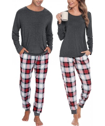 Men & Women Pajama Sets for Couples Long Sleeve Sleepwear Plaid Striped Pants Loungewear Set with Pockets Men Dark Grey2- Sol...