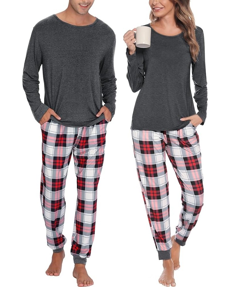 Men & Women Pajama Sets for Couples Long Sleeve Sleepwear Plaid Striped Pants Loungewear Set with Pockets Men Dark Grey2- Sol...