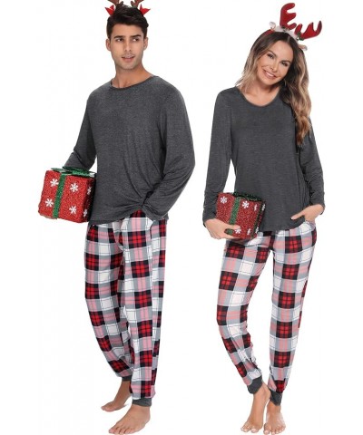 Men & Women Pajama Sets for Couples Long Sleeve Sleepwear Plaid Striped Pants Loungewear Set with Pockets Men Dark Grey2- Sol...