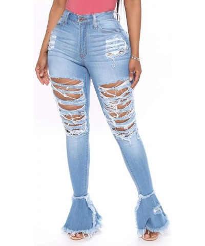 Women's Bell Bottom Jeans Destoryed Ripped Flare Jeans Elastic Waist Raw Hem Denim Pants Blue a $20.50 Jeans