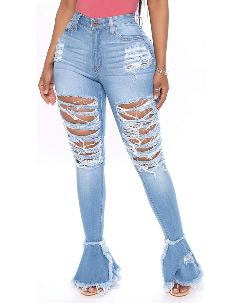 Women's Bell Bottom Jeans Destoryed Ripped Flare Jeans Elastic Waist Raw Hem Denim Pants Blue a $20.50 Jeans