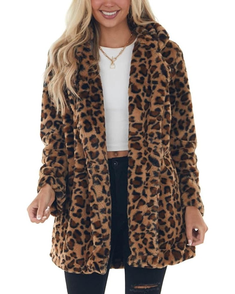 Womens Faux Fur Coats Leopard Jackets Loose Warm Fall Winter Fluffy Jacket Outwear Brown $22.52 Coats