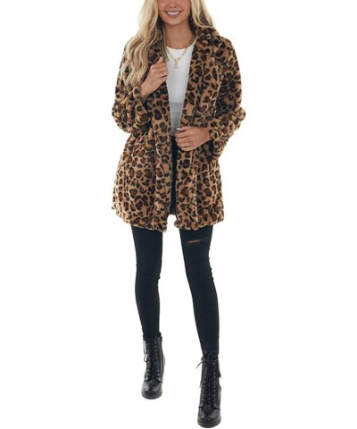 Womens Faux Fur Coats Leopard Jackets Loose Warm Fall Winter Fluffy Jacket Outwear Brown $22.52 Coats