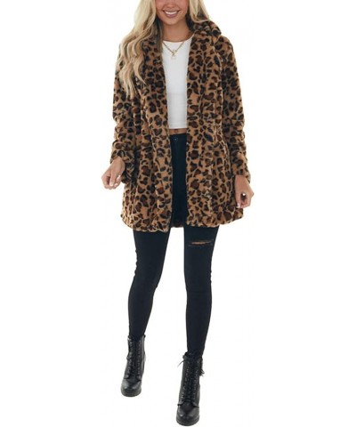 Womens Faux Fur Coats Leopard Jackets Loose Warm Fall Winter Fluffy Jacket Outwear Brown $22.52 Coats