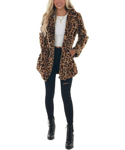 Womens Faux Fur Coats Leopard Jackets Loose Warm Fall Winter Fluffy Jacket Outwear Brown $22.52 Coats