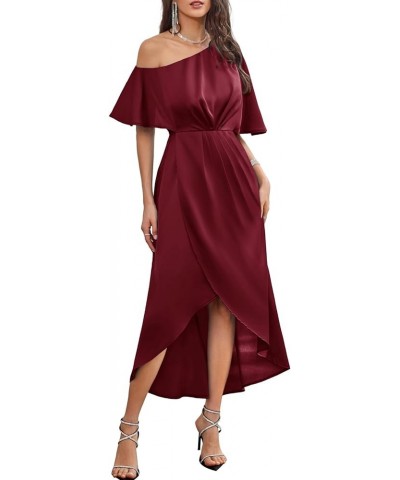 Women's 2023 Off One Shoulder Satin Ruched Dresses A Line High Low Formal Wedding Guest Evening Cocktail Dresses Wine Red(sat...