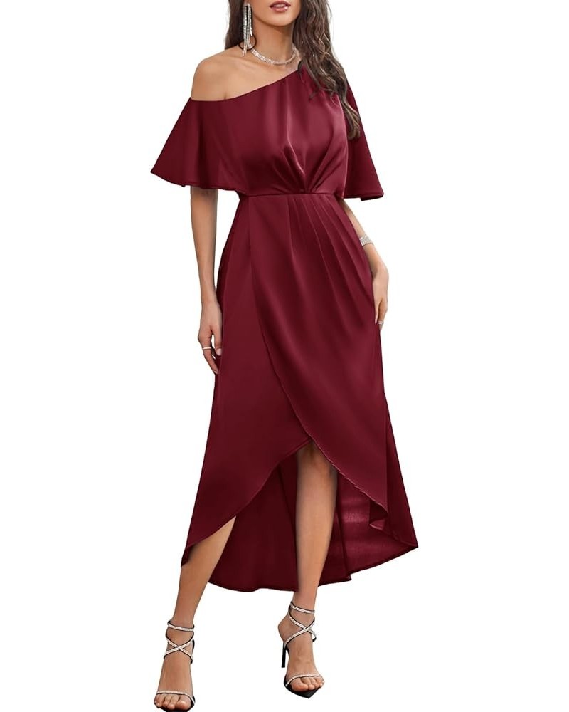 Women's 2023 Off One Shoulder Satin Ruched Dresses A Line High Low Formal Wedding Guest Evening Cocktail Dresses Wine Red(sat...