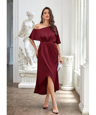 Women's 2023 Off One Shoulder Satin Ruched Dresses A Line High Low Formal Wedding Guest Evening Cocktail Dresses Wine Red(sat...