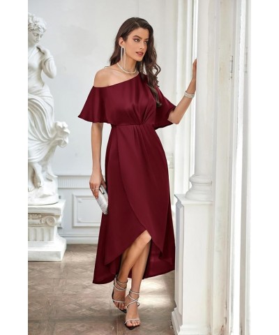 Women's 2023 Off One Shoulder Satin Ruched Dresses A Line High Low Formal Wedding Guest Evening Cocktail Dresses Wine Red(sat...