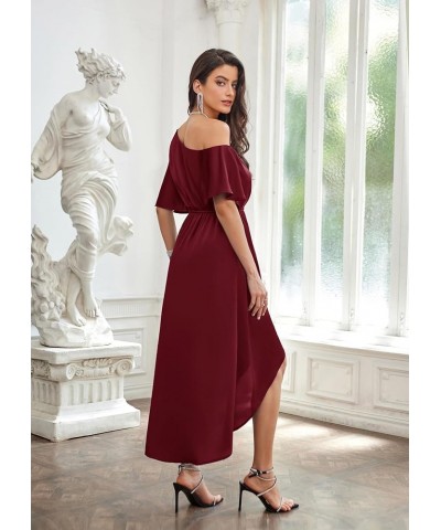 Women's 2023 Off One Shoulder Satin Ruched Dresses A Line High Low Formal Wedding Guest Evening Cocktail Dresses Wine Red(sat...