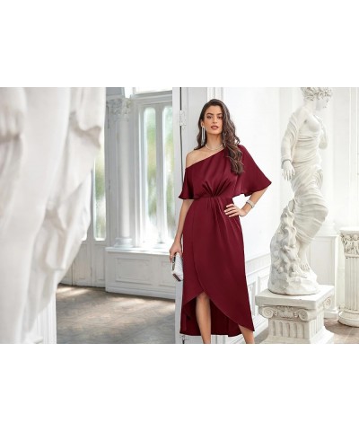 Women's 2023 Off One Shoulder Satin Ruched Dresses A Line High Low Formal Wedding Guest Evening Cocktail Dresses Wine Red(sat...