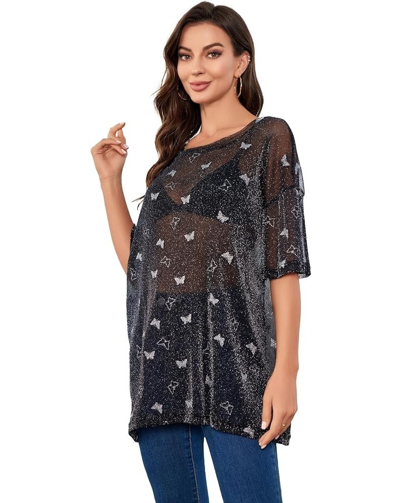 Women's Glitter Sheer See Through Short Sleeve Mesh Top Tee Blouse Black Butterfly Print $20.39 Blouses