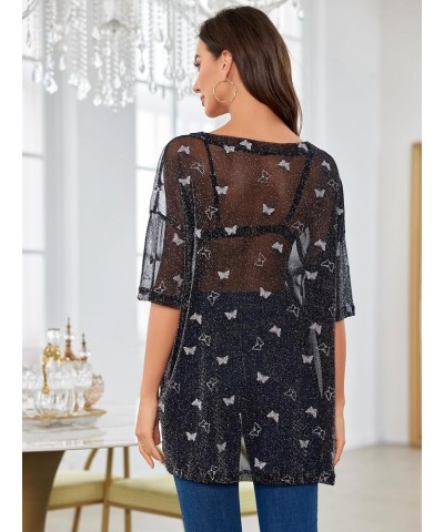 Women's Glitter Sheer See Through Short Sleeve Mesh Top Tee Blouse Black Butterfly Print $20.39 Blouses