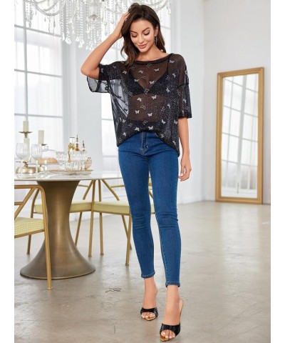 Women's Glitter Sheer See Through Short Sleeve Mesh Top Tee Blouse Black Butterfly Print $20.39 Blouses