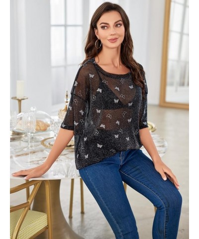 Women's Glitter Sheer See Through Short Sleeve Mesh Top Tee Blouse Black Butterfly Print $20.39 Blouses