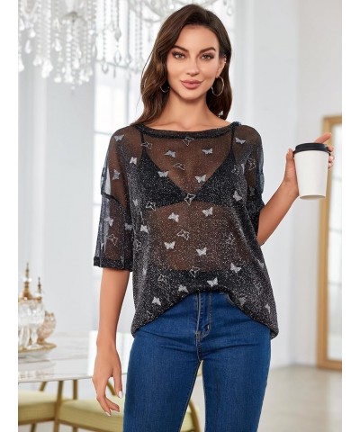 Women's Glitter Sheer See Through Short Sleeve Mesh Top Tee Blouse Black Butterfly Print $20.39 Blouses